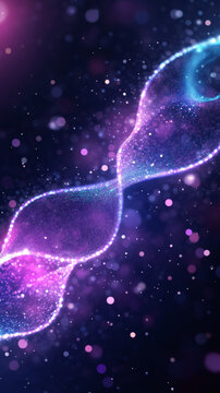 Abstract background with glowing particles swirling and forming a double helix, resembling a DNA strand or a magical energy flow