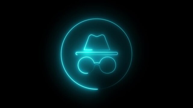 Incognito mode neon icon animation with blue glowing hacker hat and glasses circle on black background for cyber security privacy protection and anonymous browsing loop
