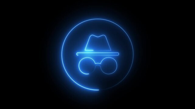 Incognito mode neon icon animation with blue glowing hacker hat and glasses circle on black background for cyber security privacy protection and anonymous browsing loop