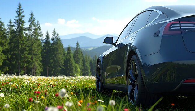 Modern black electric car parked in a beautiful mountain meadow with spring wildflowers and evergreen forest under a clear blue sky
