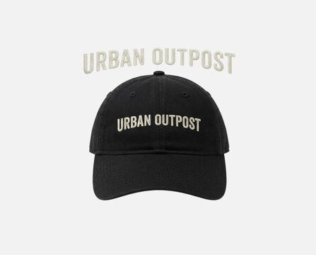 Black baseball cap mockup with white urban outpost embroidery typography