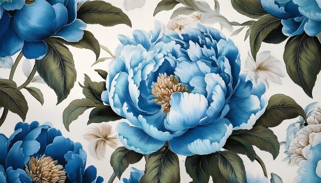 french toile pattern of beautiful light blue peony flowers