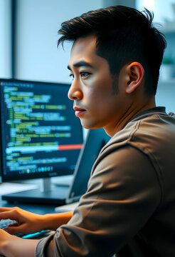 Young asian man coding on computer, software development and programming, technology and digital transformation