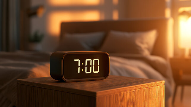 A modern digital alarm clock showing 7:00 in a cozy bedroom setting.