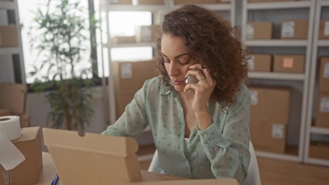 Woman talking on phone while packing cardboard parcel at a delivery desk in a warehouse style building surrounded by boxes; small business busy.