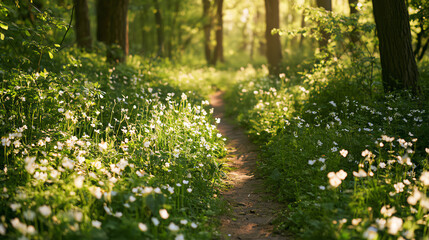 Obraz premium A serene forest path lined with delicate white flowers and dappled sunlight.