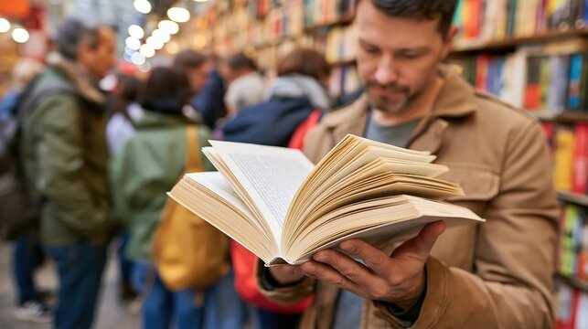 Man reading open book inside crowded bookstore aisle