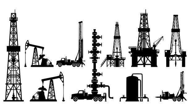 Black Oil Rig Drilling Derrick and Pumpjack Silhouette Set Industrial Fuel Production Vector