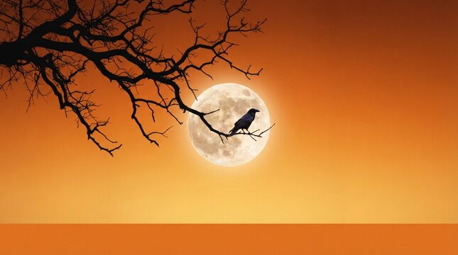 A solitary black crow perched on a gnarled tree branch silhouetted against a glowing full moon at twilight
