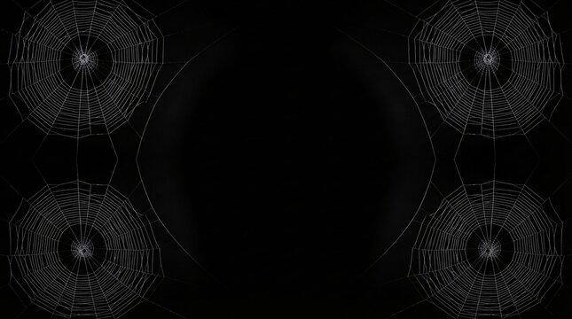 A dark conceptual background showcasing four symmetrical intricate spider webs arranged in corners