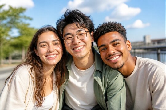 Three friends smiling together outdoors near waterfront park