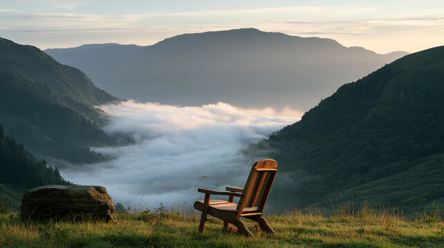 A serene view of misty mountains with a wooden chair, ideal for relaxation and peace.