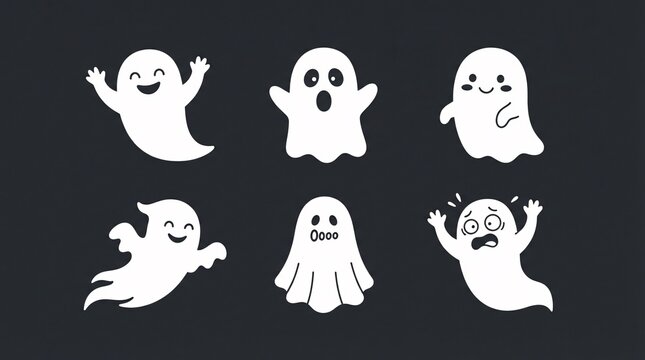 A collection of six distinct white ghost illustrations set against a plain dark gray background