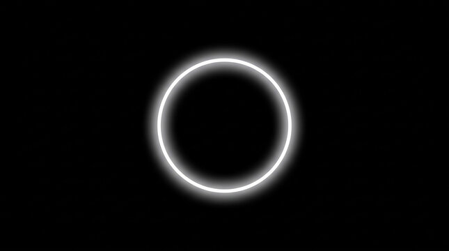 Glowing white neon circle on black background, minimalist light ring frame, luminous halo effect for futuristic design
