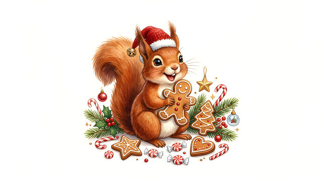 Happy squirrel celebrating Christmas with gingerbread cookies, candy and ornaments, playful expression, premium hand-painted illustration, isolated on white.