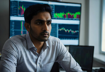 Fototapeta premium Focused young indian man analyzing stock market data on multiple computer screens in a modern office setting, the professional is engaged in financial strategy and investment planning