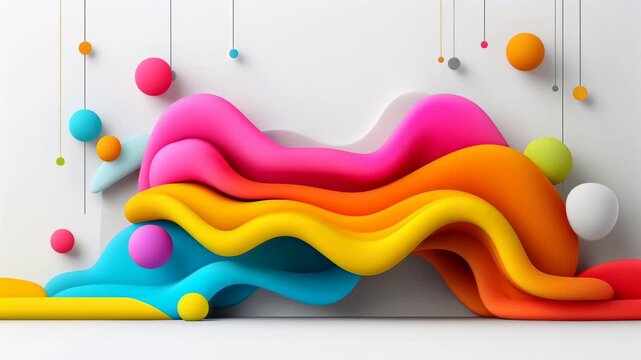 Colorful layered waves flow across a white background with playful suspended spheres and soft shadows