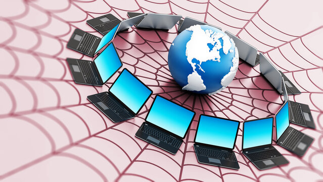 Global computer network with a spider web isolated on pink background. 3D illustration