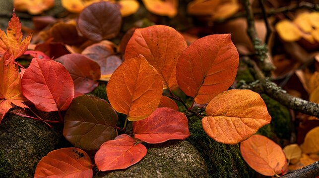 Forest leaves in bright autumn colors, reds, oranges, browns, and greens, are found in southern Sweden's S&ouml;der&aring;sen national park during a cool Swedish autumn.