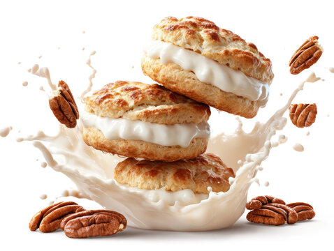 Pecan Cream Sandwich Cookies with Milk Splash Isolated on White Background