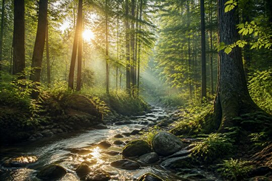 Sunlight filtering through tall trees above rocky forest stream