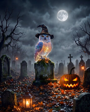 Magical glowing owl with witch hat perched on tombstone in Halloween cemetery.