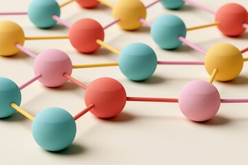 Obraz premium Minimal 3D network of pastel spheres connected by flexible links on cream background