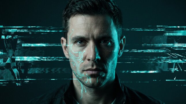 Cyberpunk man with digital face scan and futuristic tech interface overlay displaying biometric data and security