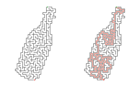Message bottle shaped maze puzzle with solution, black and white educational labyrinth game for children isolated on white background