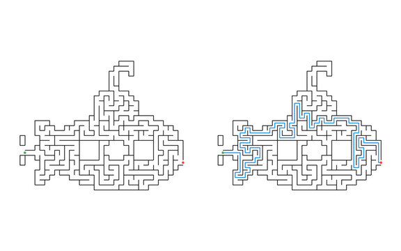 Submersible maze puzzle with solution for children black and white educational game isolated on white background