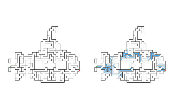 Submersible maze puzzle with solution for children black and white educational game isolated on white background