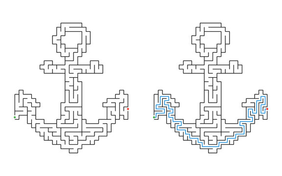 Anchor shaped maze puzzle with solution, black and white educational labyrinth game for children isolated on white background