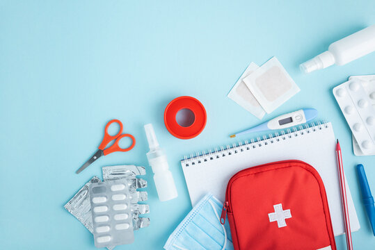 First aid kit items flat lay