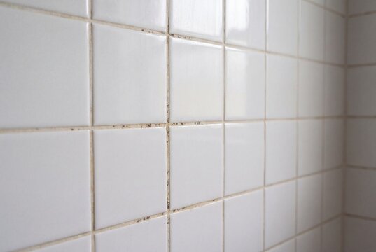 White square ceramic tiles with dirty grout lines