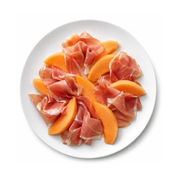 Prosciutto e Melone mit luftgetrocknetem Schinken und Honigmelone auf wei&szlig;em Teller freigestellt. Klassische italienische Antipasti in hochwertiger Studioaufnahme von oben.