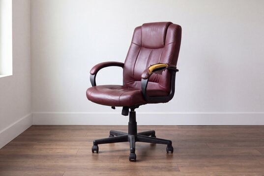 Worn burgundy leather office chair with torn armrest