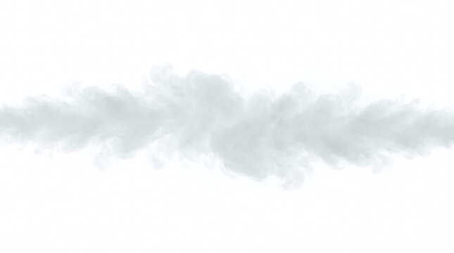 Ethereal white smoke trail on white background, wispy steam cloud texture, soft atmospheric fog effect for overlay and design
