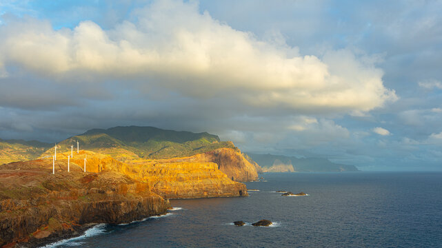 Dramatic sunrise over the cliff coast of northeast Madeira, Portugal