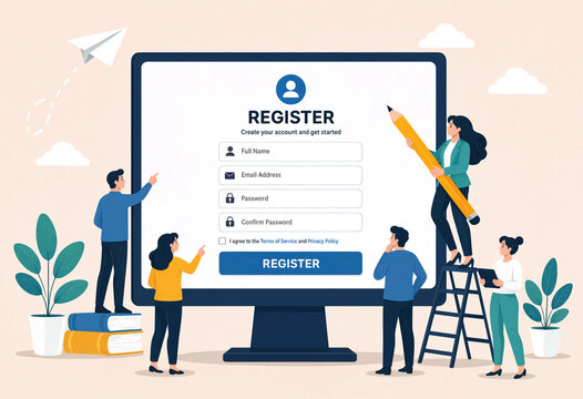 Online registration form concept with small people interacting with a digital signup page on a computer monitor, illustrating user account creation