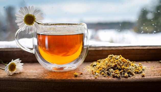Matricaria Chamomilla Commonly Known As Chamomile Wild Chamomile Or Scented Mayweed Organic Dried Herbal Tea Powder Made From Flower Blossoms Tea In A Glass Mug On A Wooden Windowsill With Snowy