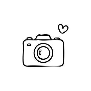 Cute Camera with Heart Hand Drawn Doodle Icon