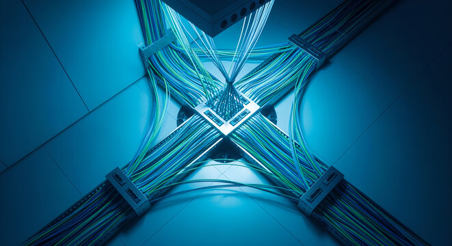 Futuristic Network Cabling System with Glowing Blue Data Cables and Advanced Connection