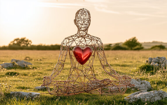 Metal wire geometric human figure sits in lotus pose on green meadow. Minimalist sculpture features bright red heart symbol in chest area