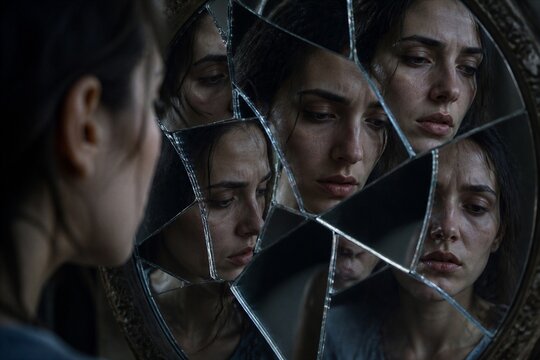 Woman reflected in shattered mirror showing multiple sorrowful expressions