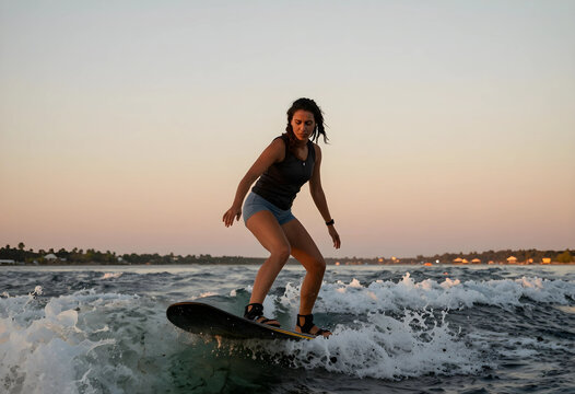 Young woman wakeboarding on ocean waves during a beautiful sunset, active lifestyle and summer vacation concept, Thrill of water sports and outdoor recreation