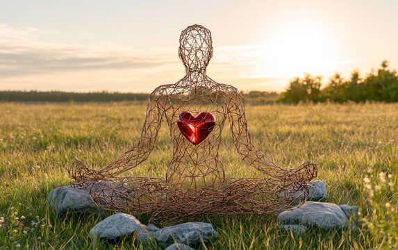 Metal wire geometric human figure sits in lotus pose on green meadow. Minimalist sculpture features bright red heart symbol in chest area