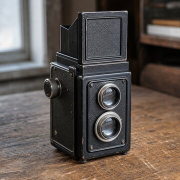 Vintage black twin lens reflex camera on a rustic wooden table