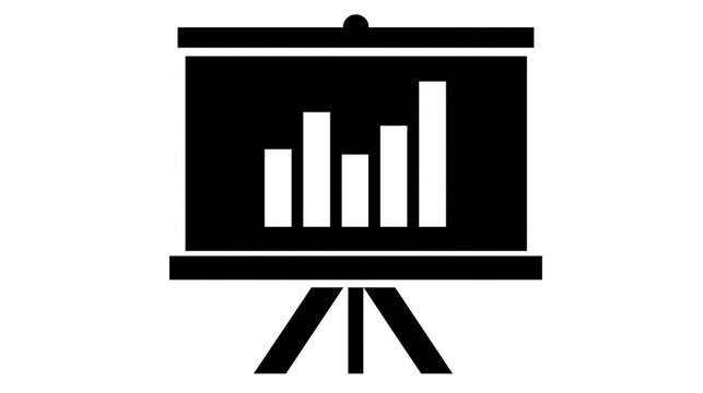 A simple, stylized icon of a presentation board displaying a bar graph. The board is set on a tripod easel, with the graph rendered in white bars on a black background