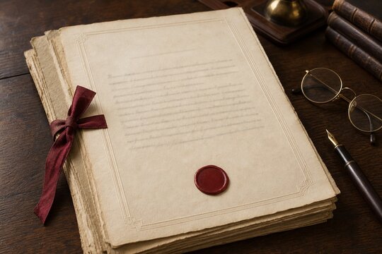 Vintage legal document or will with a red wax seal and writing on a dark wooden desk