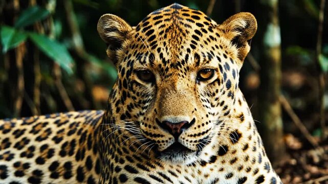 Majestic leopard resting in the jungle, intensely staring at the viewer with a close up of the impressive spotted face
